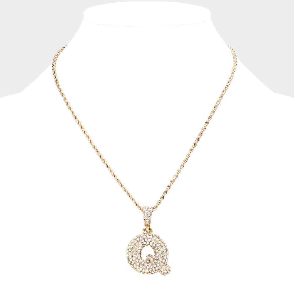 iLLASPARKZ -Q- Rhinestone Initial Monogram Pendant Brass Chain Necklace