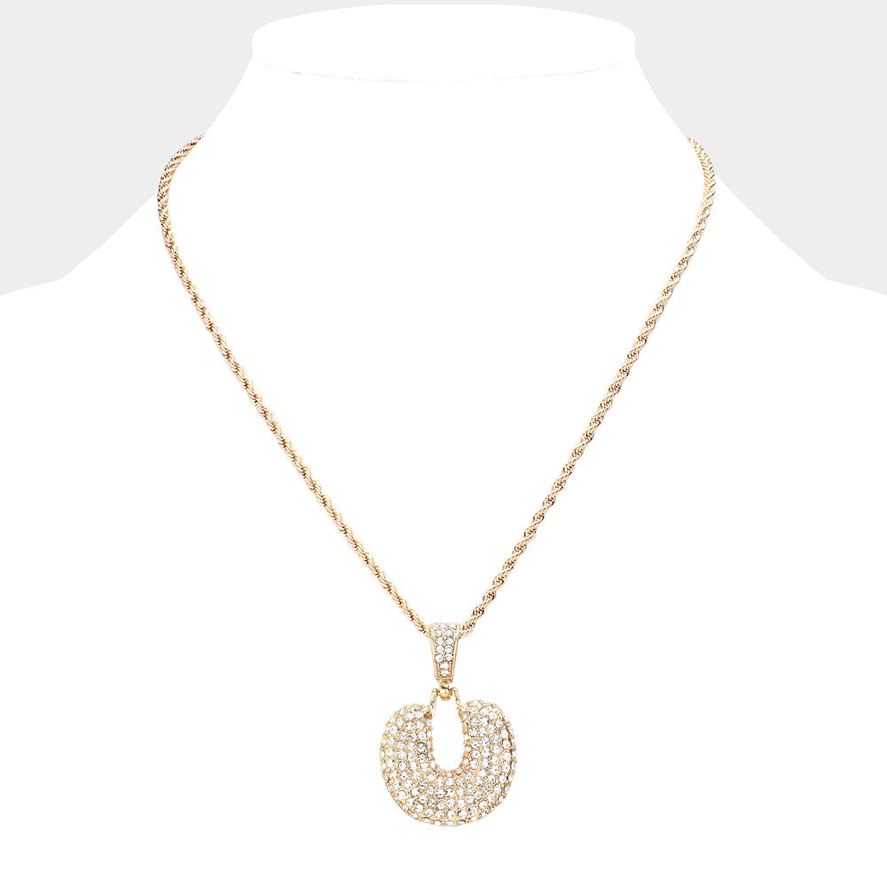 iLLASPARKZ -U- Rhinestone Monogram Pendant Brass Chain Necklace