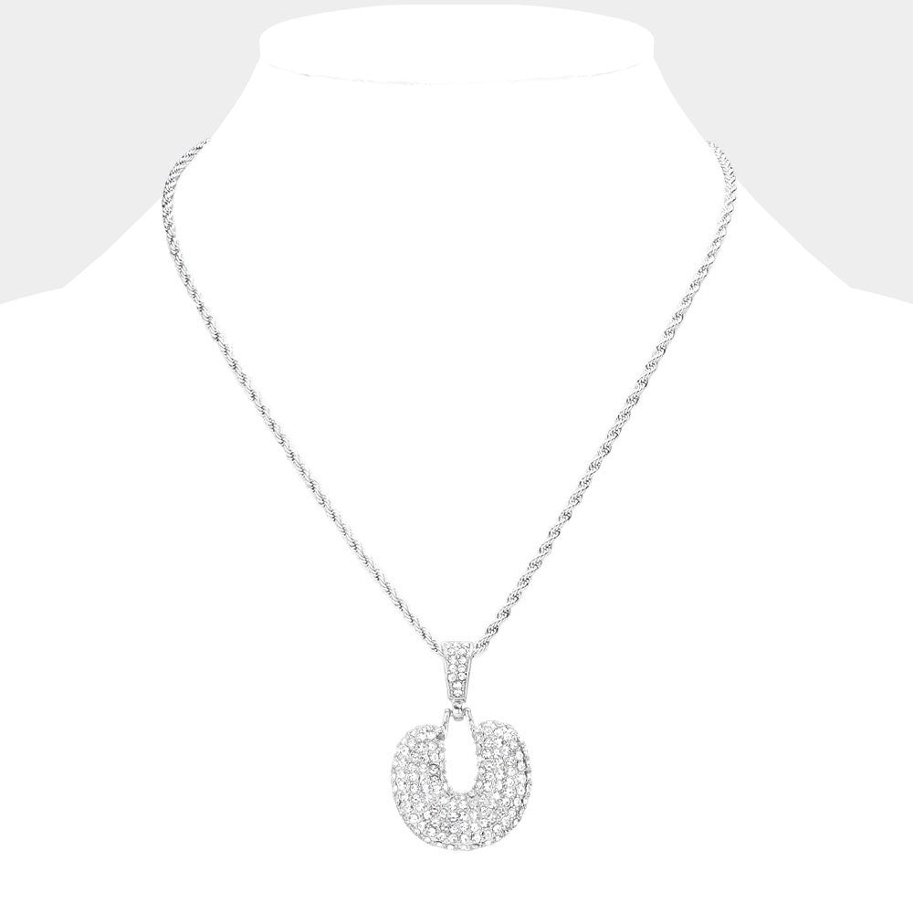 iLLASPARKZ -U- Rhinestone Monogram Pendant Brass Chain Necklace