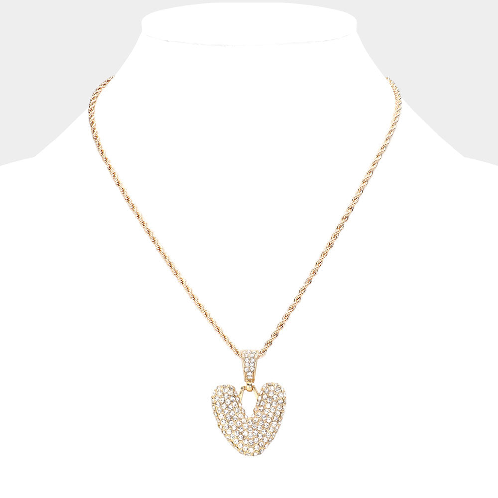 iLLASPARKZ -V- Rhinestone Monogram Pendant Brass Chain Necklace