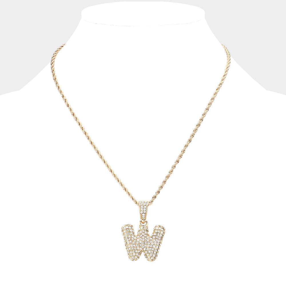 iLLASPARKZ -W- Rhinestone Initial Monogram Pendant Brass Chain Necklace