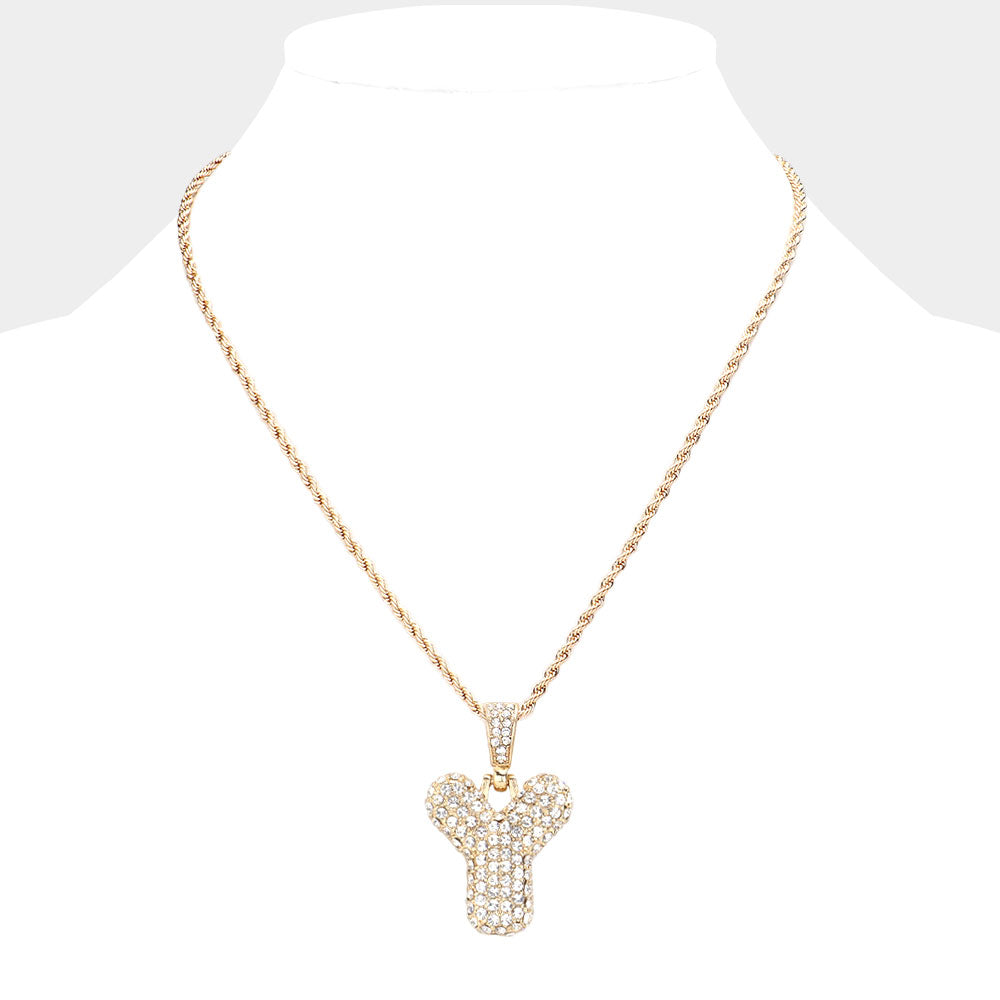 iLLASPARKZ -Y- Rhinestone Monogram Pendant Brass Chain Necklace