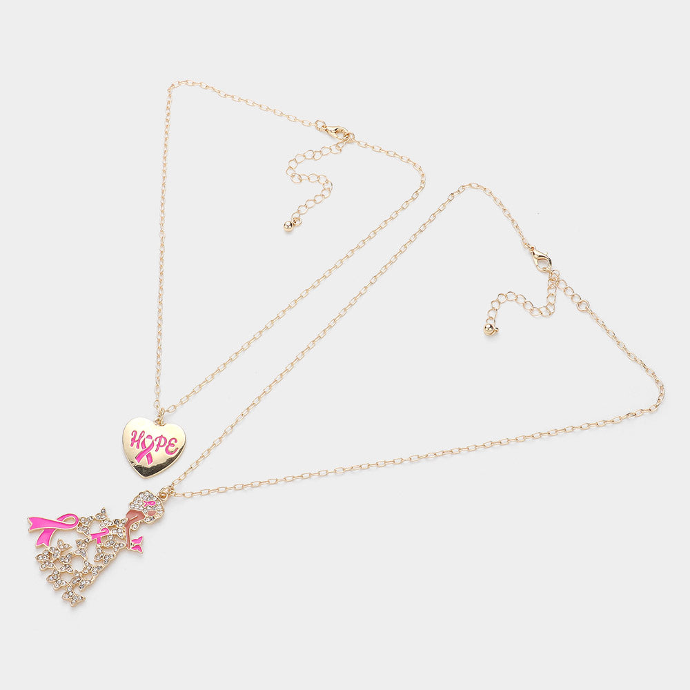 iLLASPARKZ 2PCS - Hope Message Heart Pink Ribbon Afrowoman Pendant Necklaces