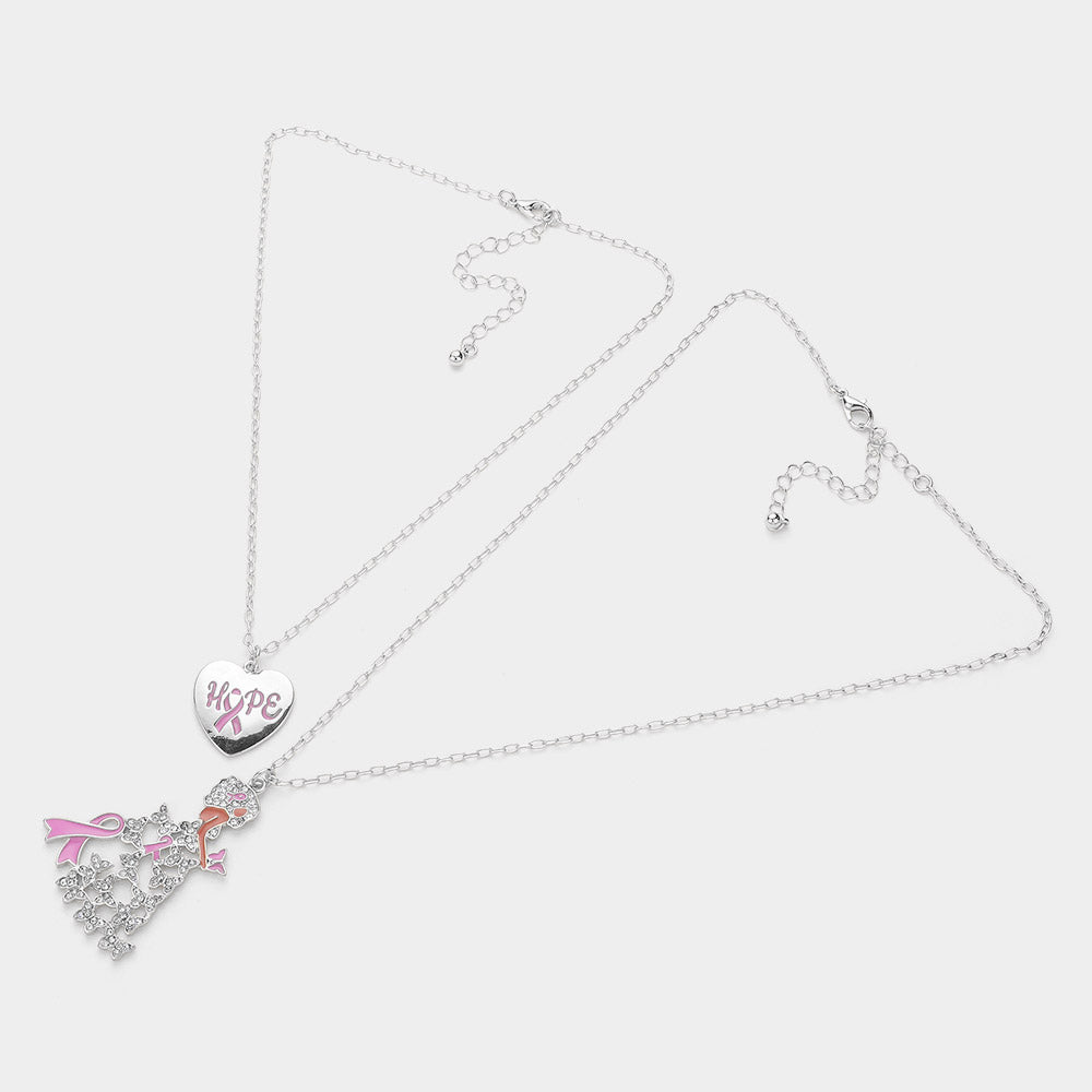iLLASPARKZ 2PCS - Hope Message Heart Pink Ribbon Afrowoman Pendant Necklaces