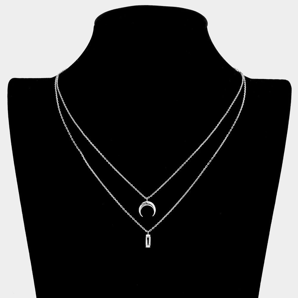 iLLASPARKZ Brass Metal Double Horn Rectangle Stone Pendant Layered Necklace