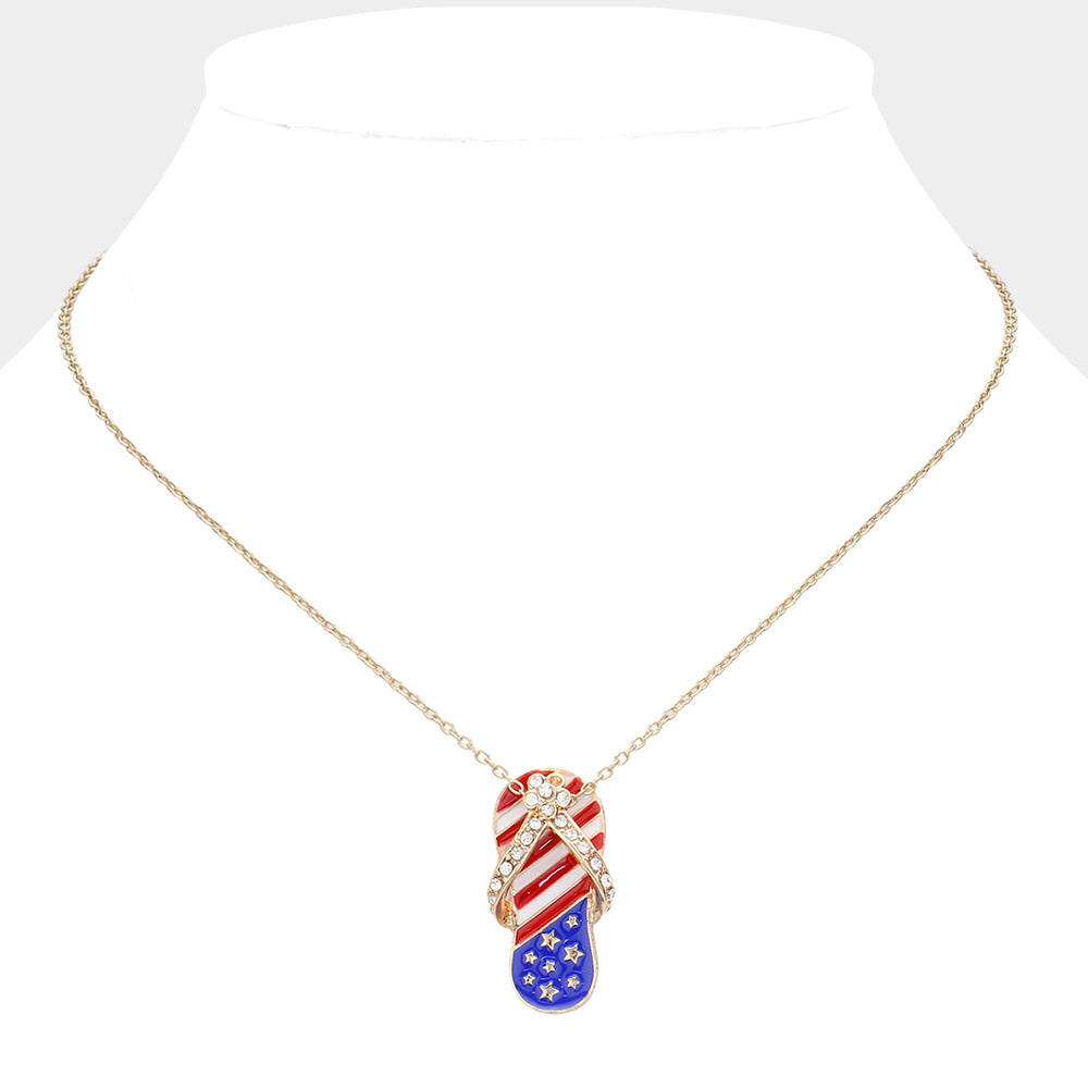 iLLASPARKZ Stone Paved American USA Flag Flip Flops Pendant Necklace