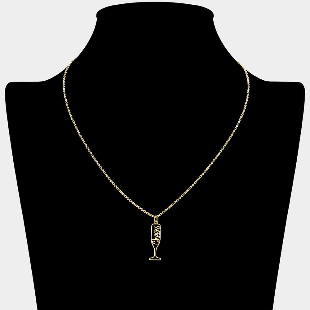 iLLASPARKZ Cheers Message Wine Glass Brass Metal Pendant Necklace