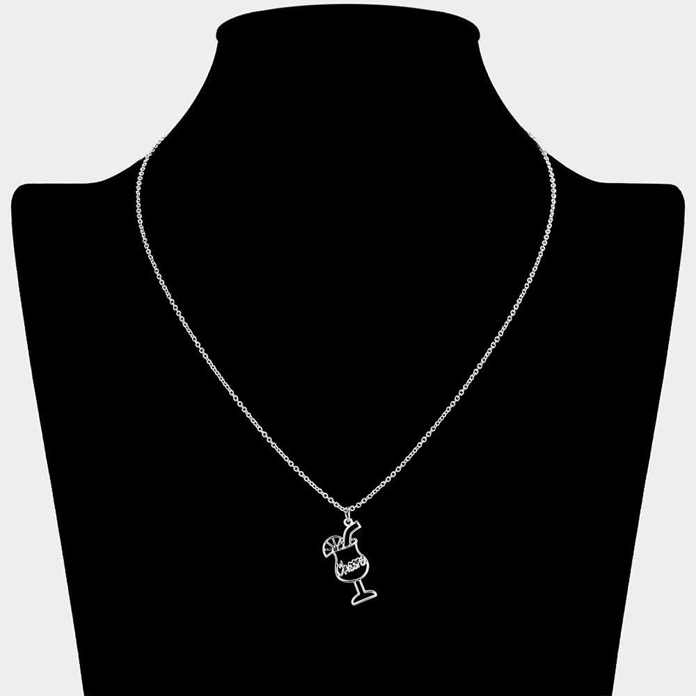 iLLASPARKZ Cheers Message Champagne Tequila Glass Brass Metal Pendant Necklace