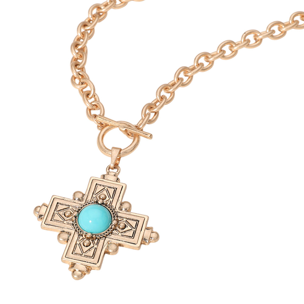 iLLASPARKZ Turquoise Stone Accented Cross Pendant Chunky Chain Necklace