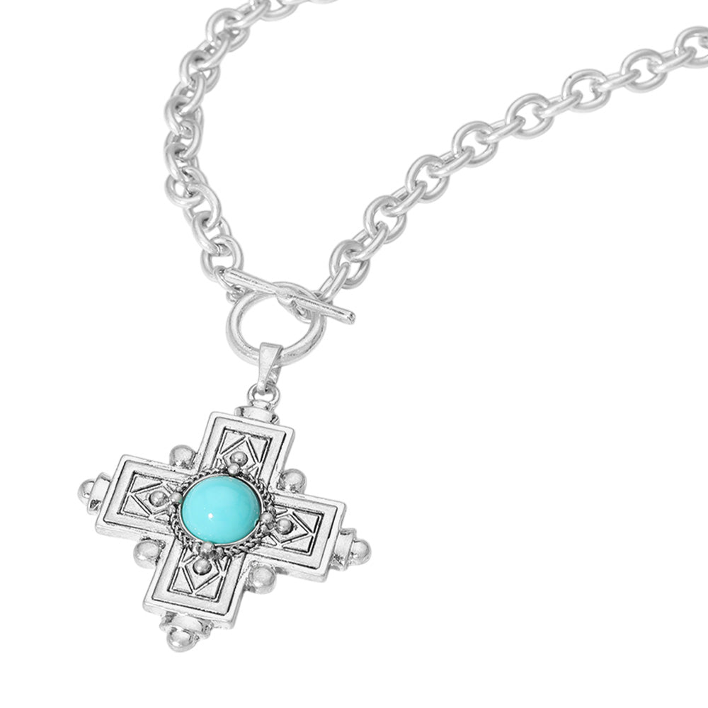 iLLASPARKZ Turquoise Stone Accented Cross Pendant Chunky Chain Necklace