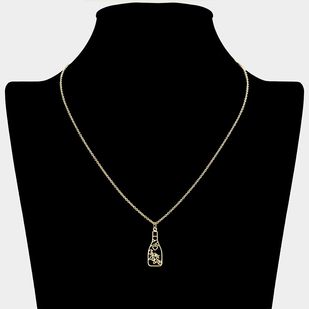 iLLASPARKZ Cheers Message Champagne Bottle Brass Metal Pendant Necklace