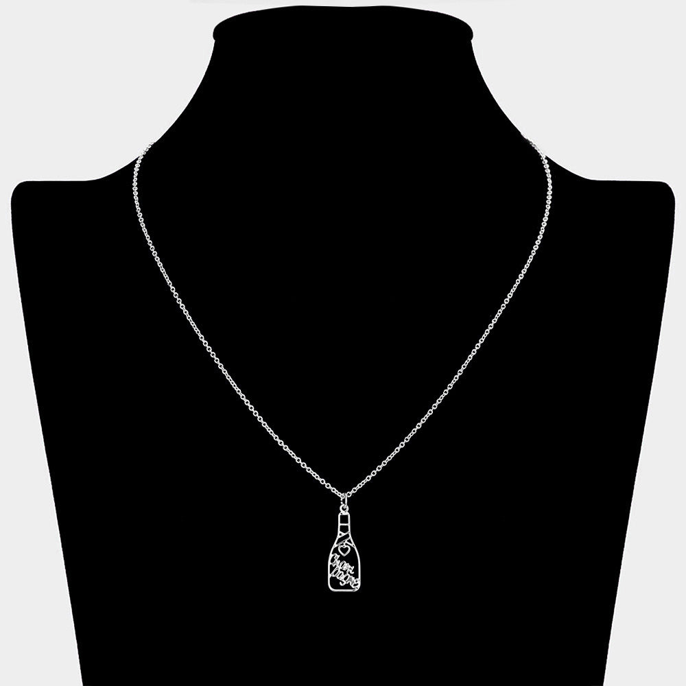 iLLASPARKZ Cheers Message Champagne Bottle Brass Metal Pendant Necklace