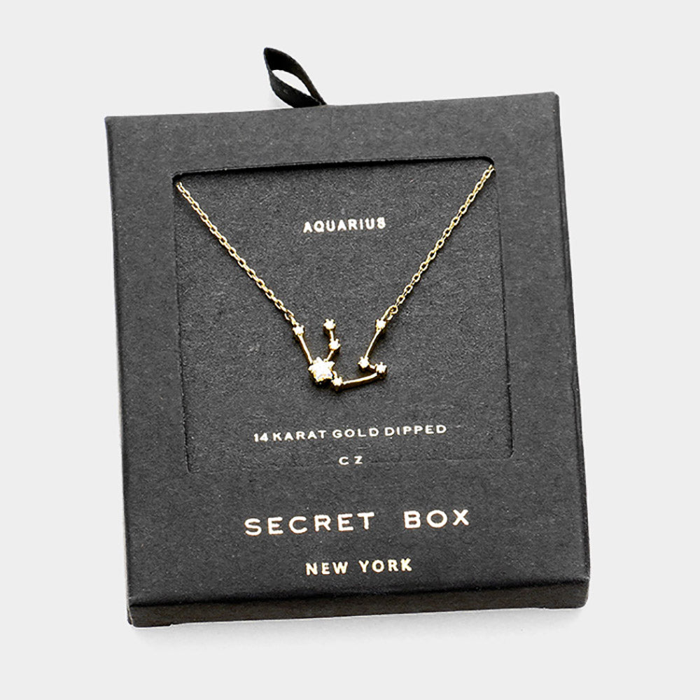 iLLASPARKZ SECRET BOX_14K Gold Dipped CZ Aquarius Zodiac Sign Pendant Necklace