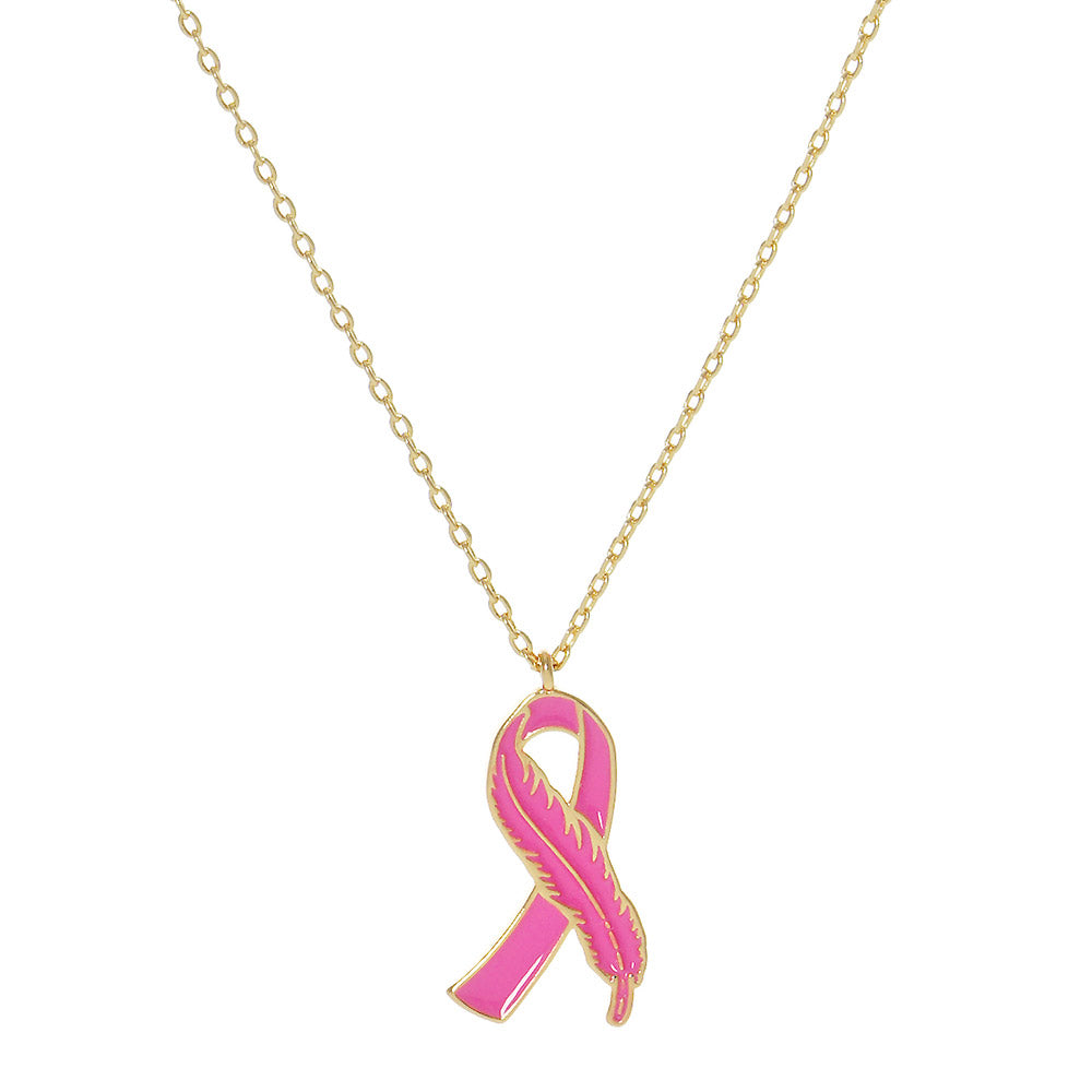 iLLASPARKZ Gold Dipped Enamel Feather Detailed Pink Ribbon Pendant Necklace