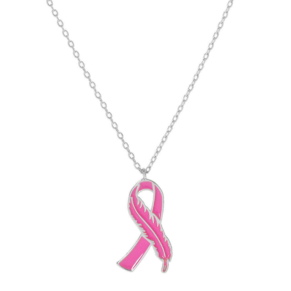iLLASPARKZ White Gold Dipped Enamel Feather Detailed Pink Ribbon Pendant Necklace