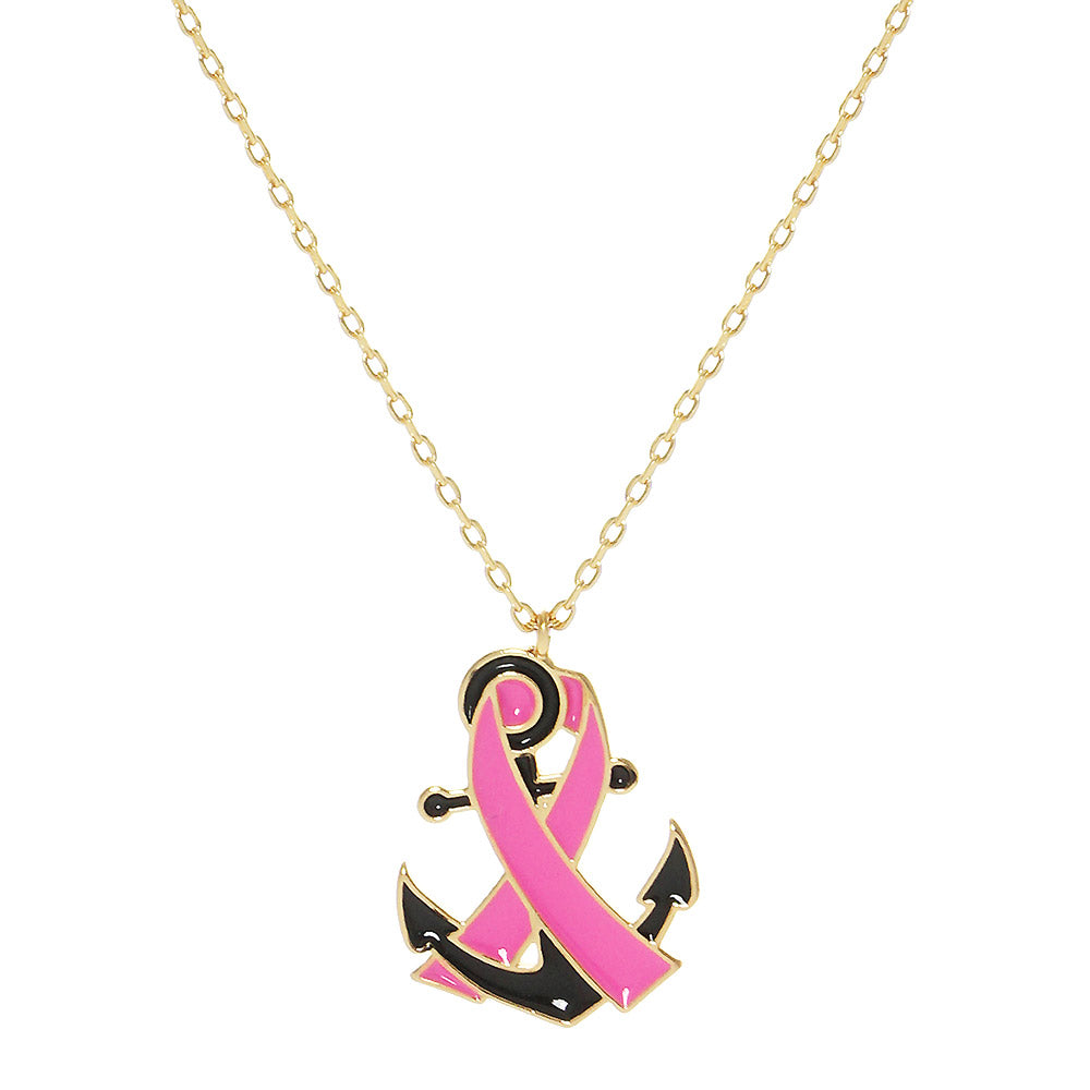 iLLASPARKZ Gold Dipped Enamel Anchor Pink Ribbon Pendant Necklace