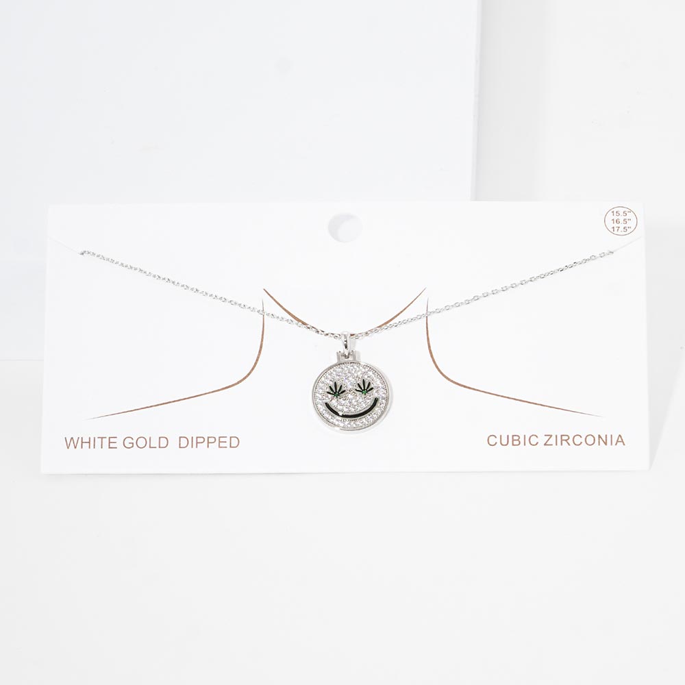 iLLASPARKZ White Gold Dipped Hemp Leaf Pointed CZ Smile Pendant Necklace