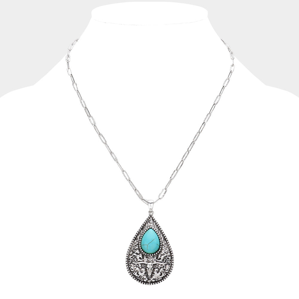 iLLASPARKZ Western Teardrop Turquoise Stone Pointed Teardrop Plate Pendant Necklace