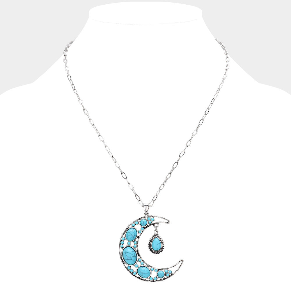 iLLASPARKZ Bohemian Western Turquoise Stone Embellished Crescent Pendant Necklace