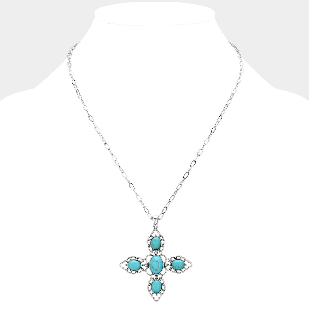 iLLASPARKZ Oval Western Turquoise Stone Pointed Cross Pendant Necklace