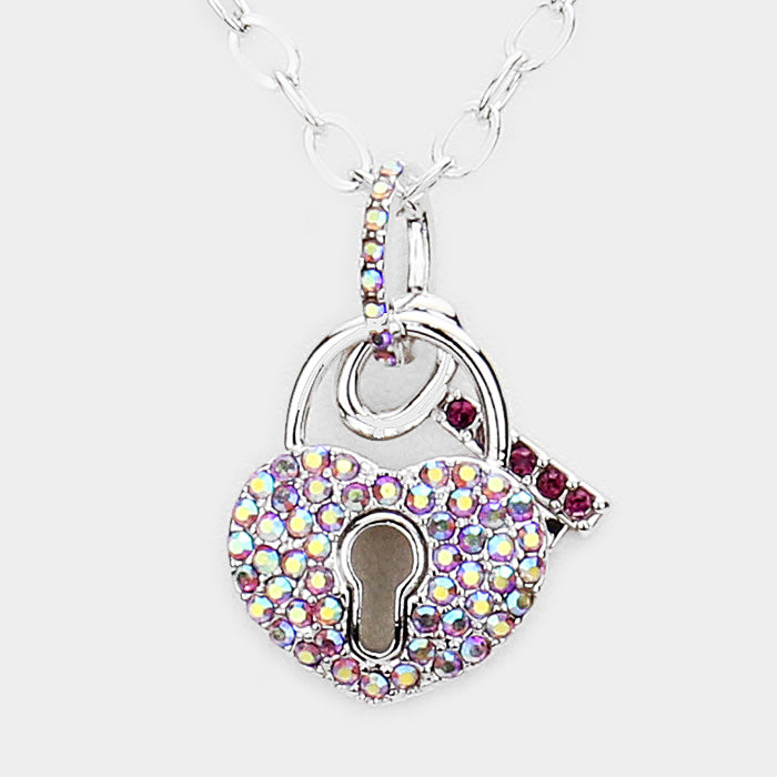 iLLASPARKZ Pave Crystal Rhinestone Heart Key Lock Pendant Necklace