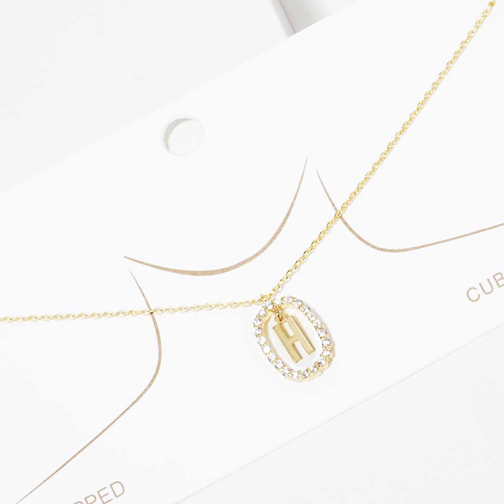 iLLASPARKZ -H- Gold Dipped Metal Monogram Rhinestone Oval Link Pendant Necklace