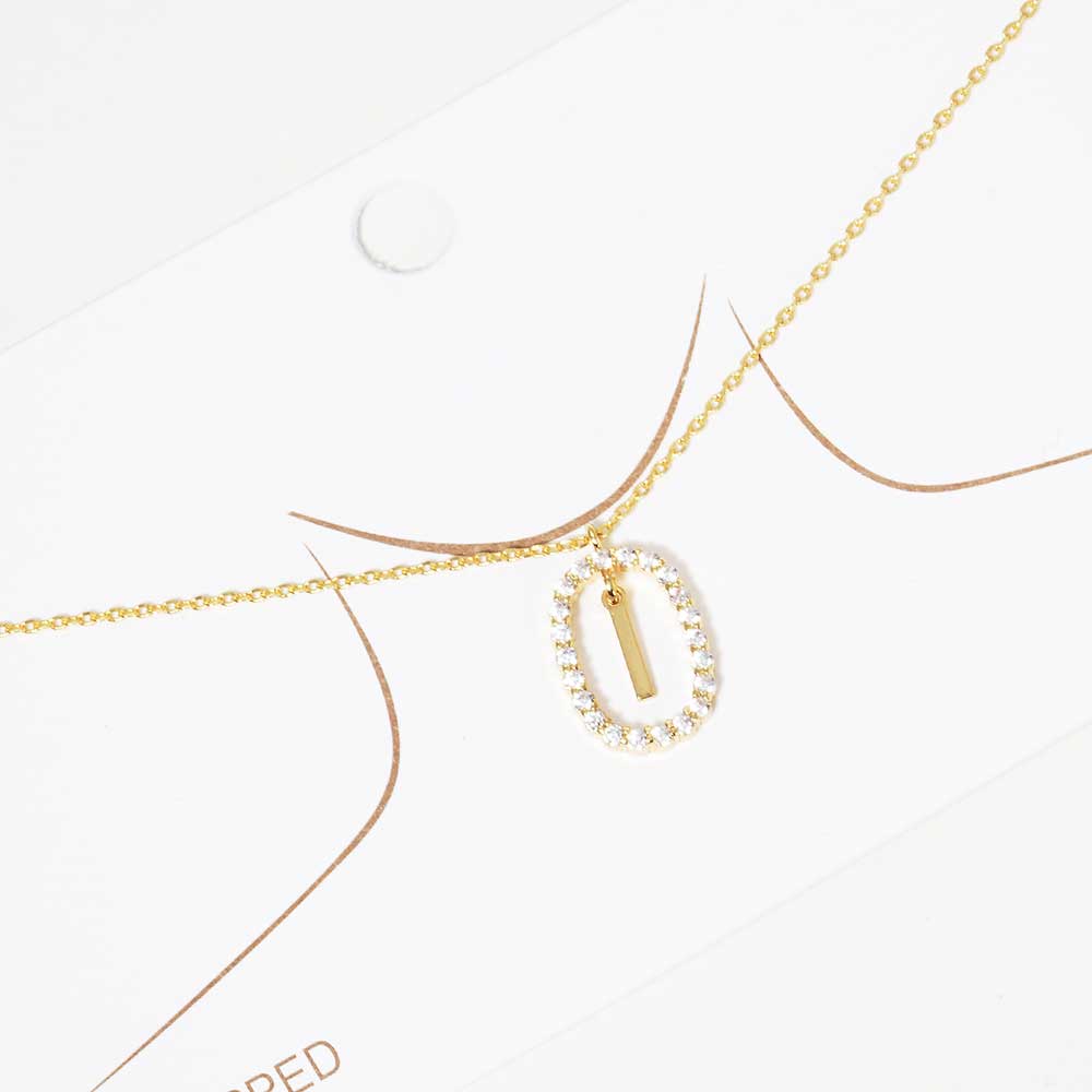 iLLASPARKZ -I- Gold Dipped Metal Monogram Rhinestone Oval Link Pendant Necklace