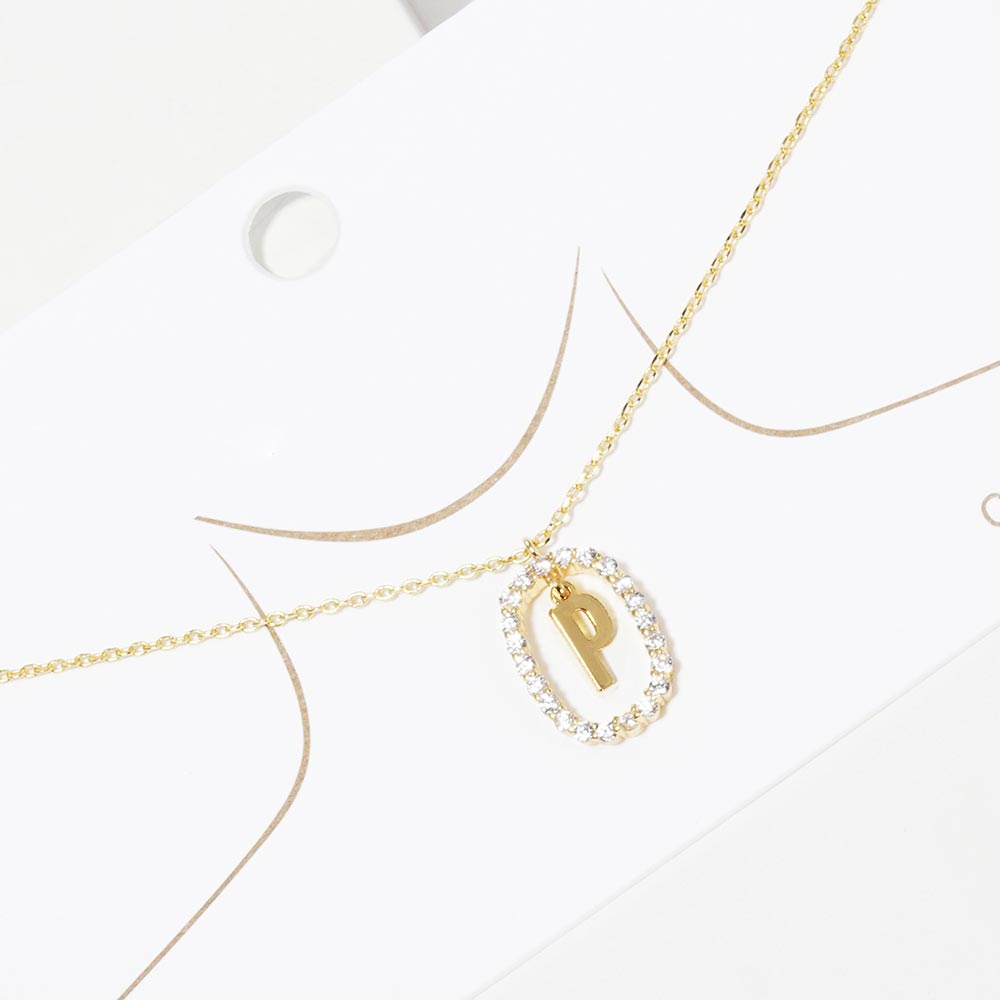 iLLASPARKZ -P- Gold Dipped Metal Monogram Rhinestone Oval Link Pendant Necklace