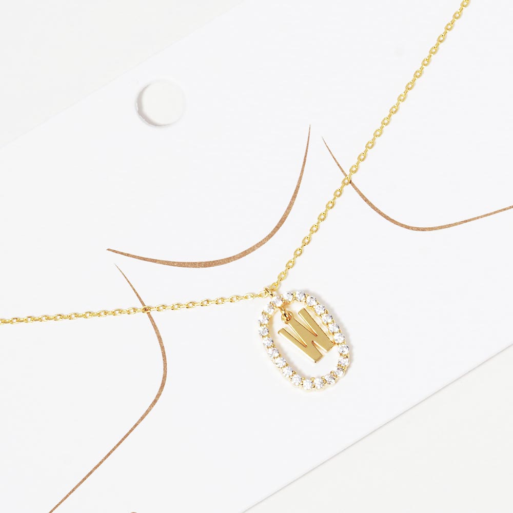 iLLASPARKZ -W- Gold Dipped Metal Monogram Rhinestone Oval Link Pendant Necklace