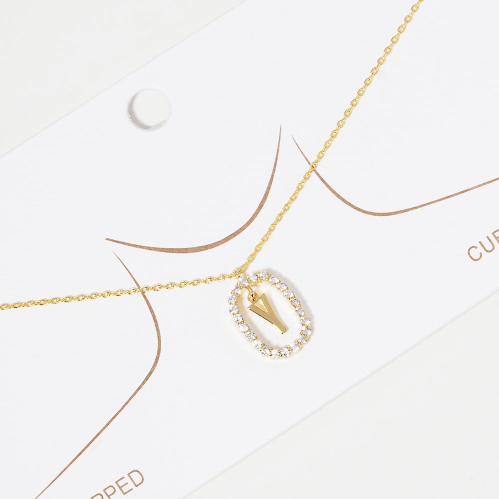 iLLASPARKZ -Y- Gold Dipped Metal Monogram Rhinestone Oval Link Pendant Necklace