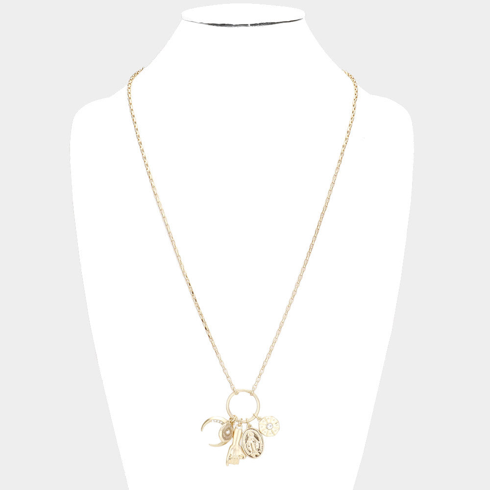iLLASPARKZ Rhinestone Embellished Crescent Moon Pinky Promise Virgin Mary Pendant Long Necklace