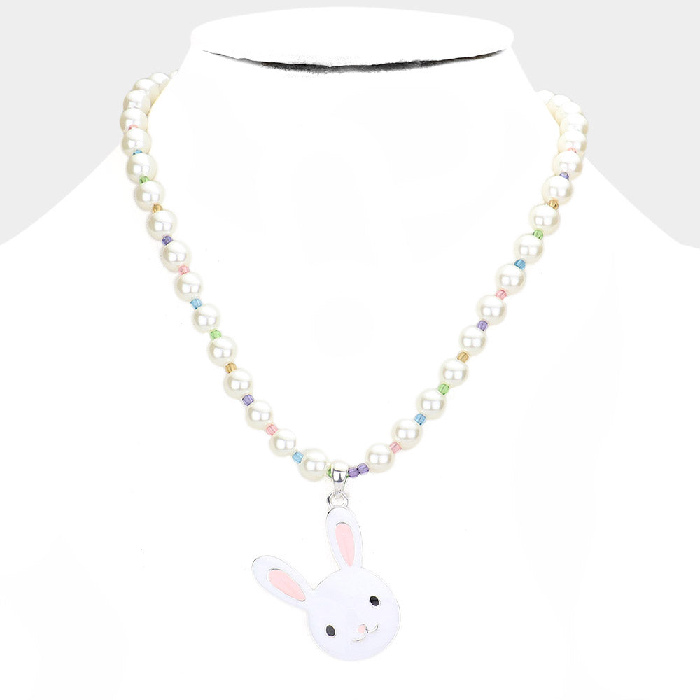 Enamel Easter Bunny Pendant Pearl Necklace