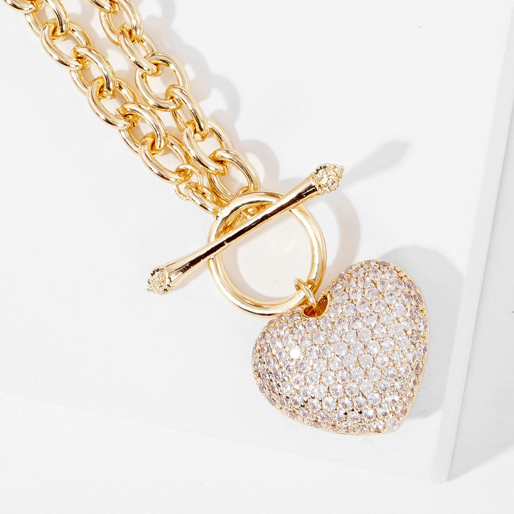 iLLASPARKZ Gold Dipped CZ Pave Heart Pendant Toggle Necklace