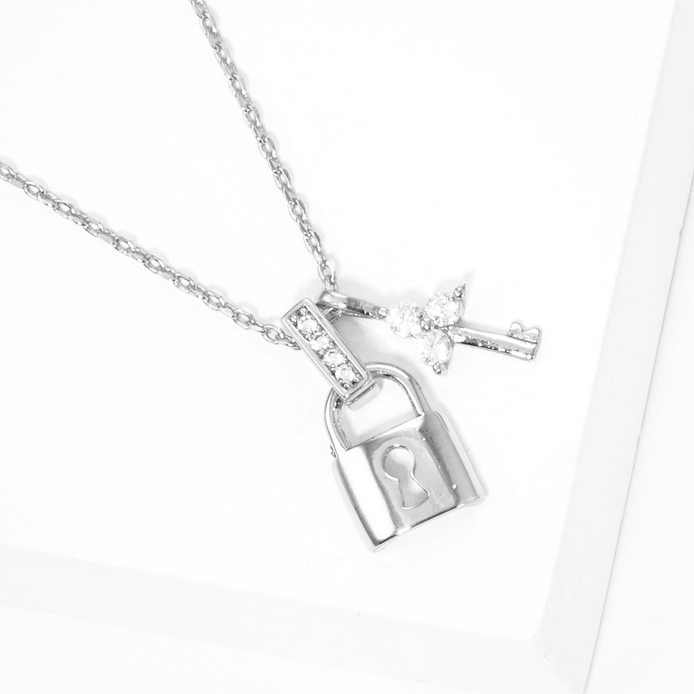 iLLASPARKZ White Gold Dipped Rhinestone Embellished Key Lock Pendant Necklace