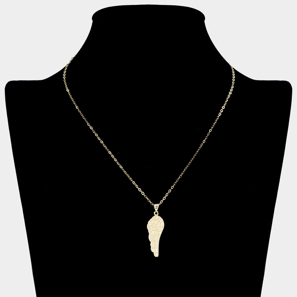 iLLASPARKZ Stainless Steel Stone Paved Wing Pendant Necklace