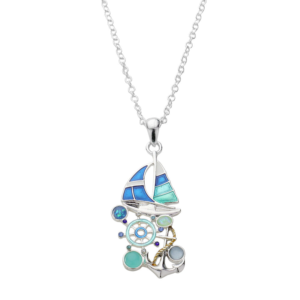 iLLASPARKZ Stone Embellished Enamel Anchor Boat Pendant Necklace