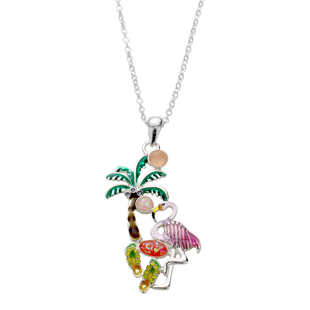 iLLASPARKZ Stone Embellished Enamel Palm Tree Flamingo Flipflops Pendant Necklace