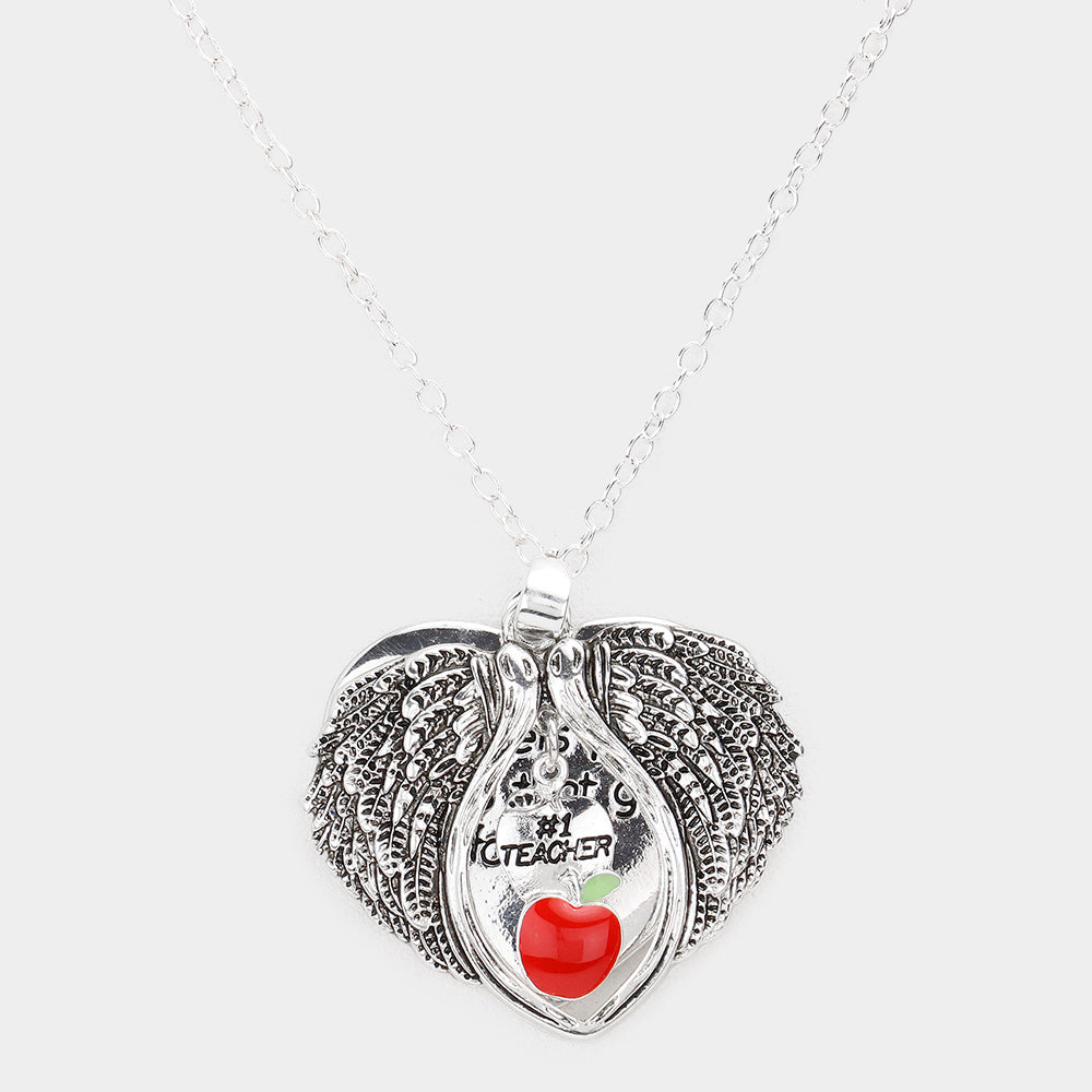 iLLASPARKZ Teacher's Blessing No.1 Teacher Message Enamel Apple Pointed Angel Wings Pendant Necklace
