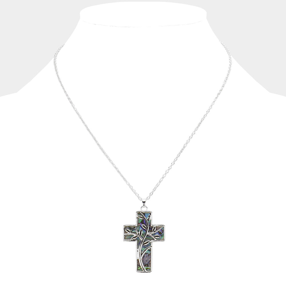 iLLASPARKZ Leaf Vine Pointed Abalone Cross Pendant Necklace
