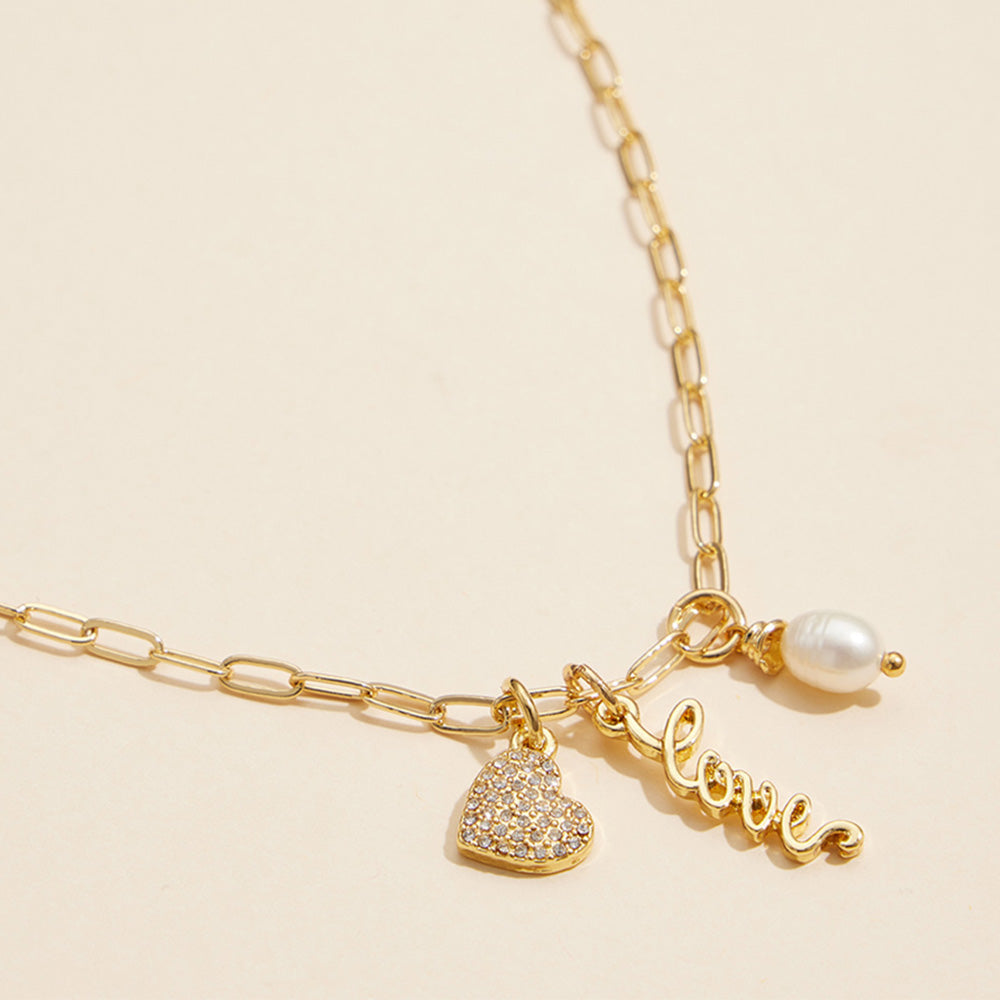 iLLASPARKZ Semi Fine Collection - 18K Gold Dipped Brass Metal LOVE Message Stone Paved Heart Pearl Charm Paperclip Chain Necklace