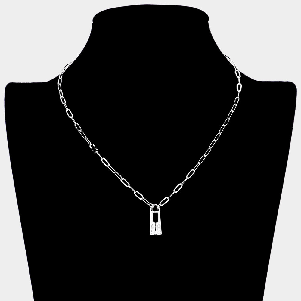 iLLASPARKZ Brass Metal Stone Paved Lock Pendant Necklace