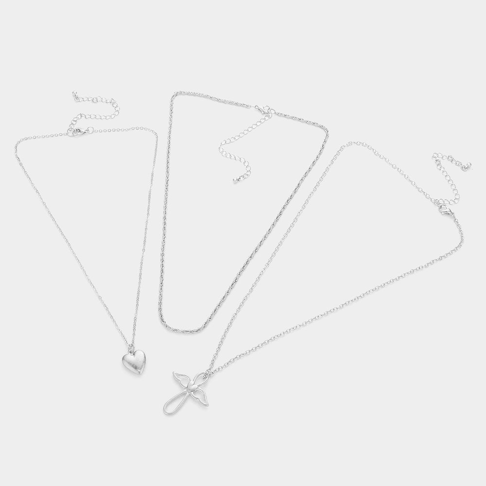 iLLASPARKZ 3PCS - Metal Heart Angel Wing Cross Pendant Necklaces