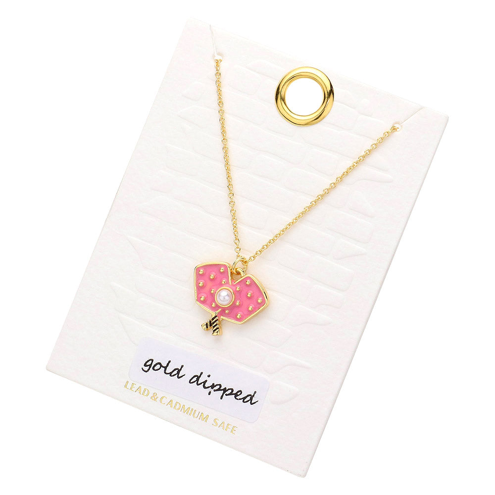 iLLASPARKZ Gold Dipped Pearl Pointed Enamel Pickleball Paddle Pendant Necklace