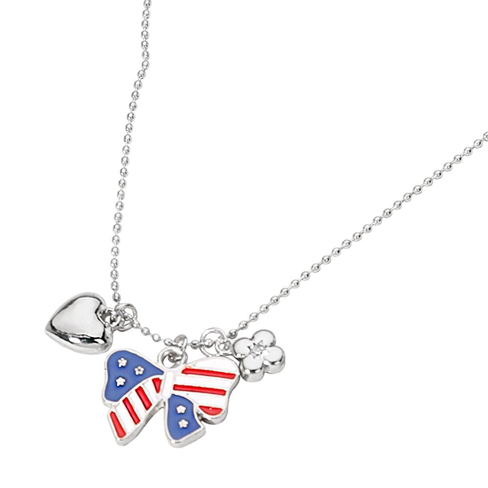 iLLASPARKZ Enamel Bow American USA Flag Metal Heart Flower Charm Pendant Bead Chain Necklace