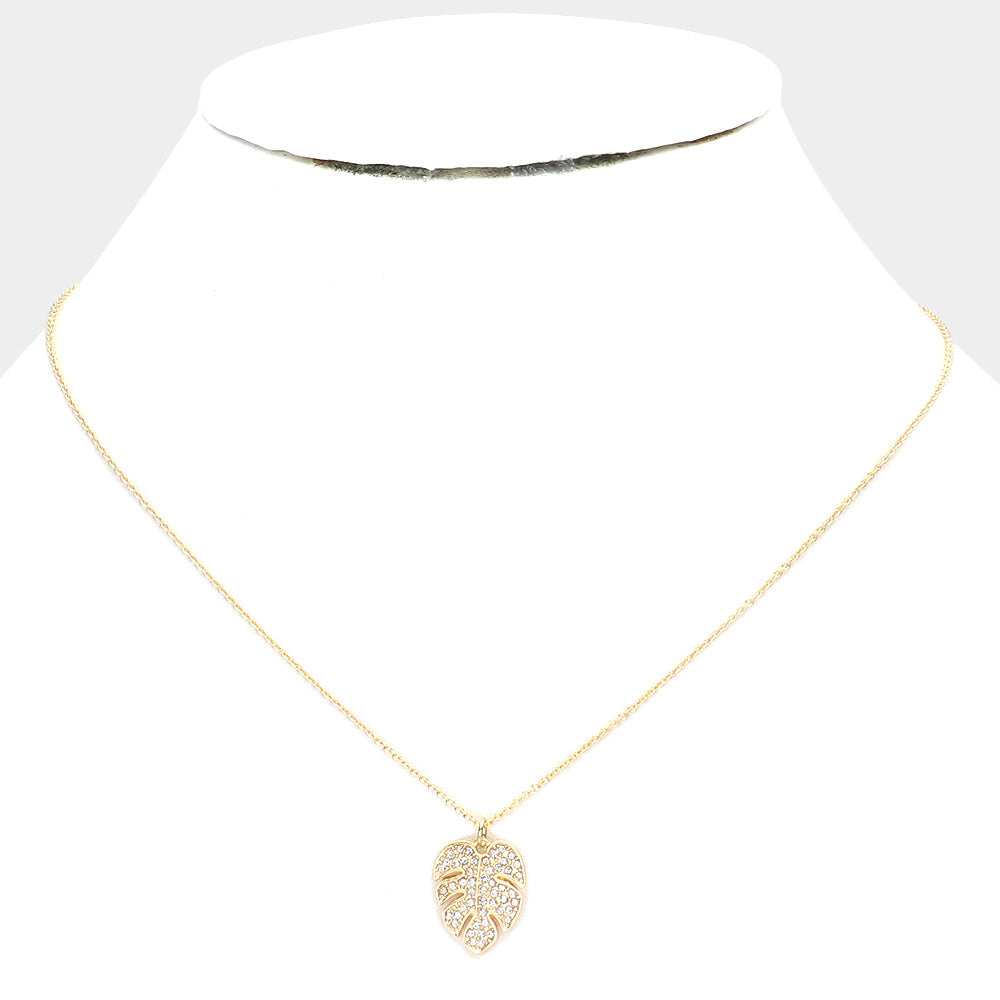 iLLASPARKZ Rhinestone Embellished Tropical Leaf Pendant Necklace