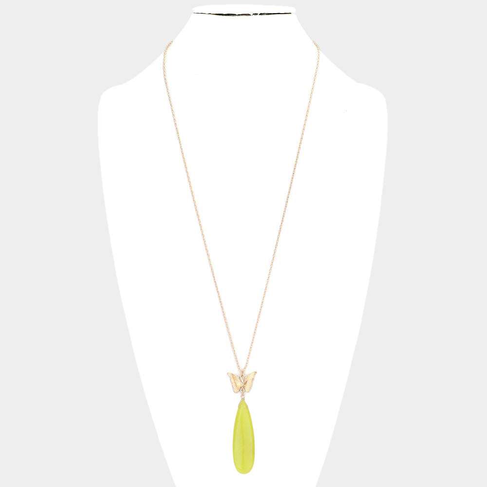 iLLASPARKZ Butterfly Natural Stone Teardrop Link Pendant Long Necklace