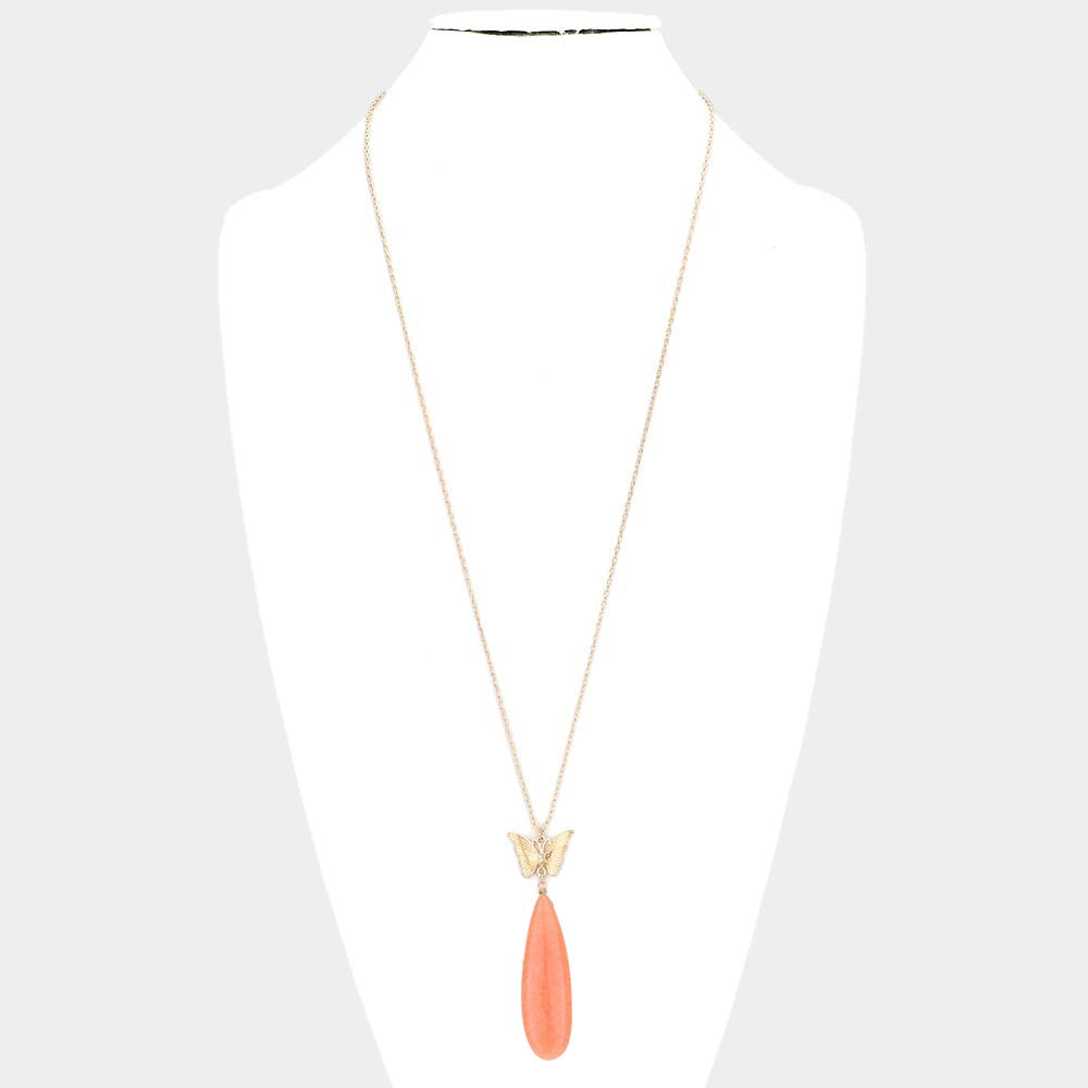 iLLASPARKZ Butterfly Natural Stone Teardrop Link Pendant Long Necklace