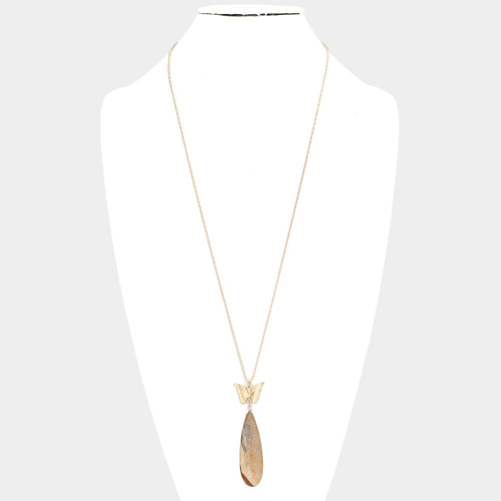 iLLASPARKZ Butterfly Natural Stone Teardrop Link Pendant Long Necklace