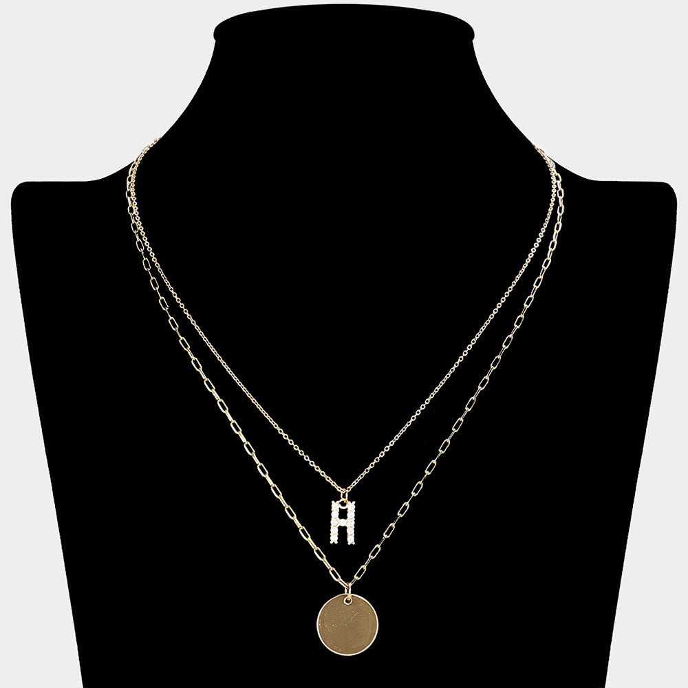 iLLASPARKZ -H- Rhinestone Initial Initial Monogram Metal Disc Pendant Double Layered Necklace