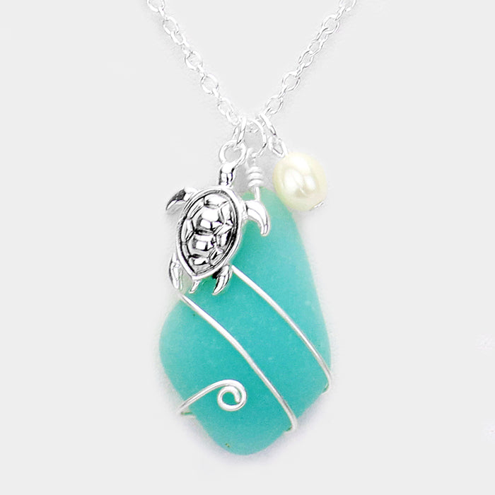 iLLASPARKZ Wire Wrapped Sea Glass Metal Turtle Pearl Pendant Necklace